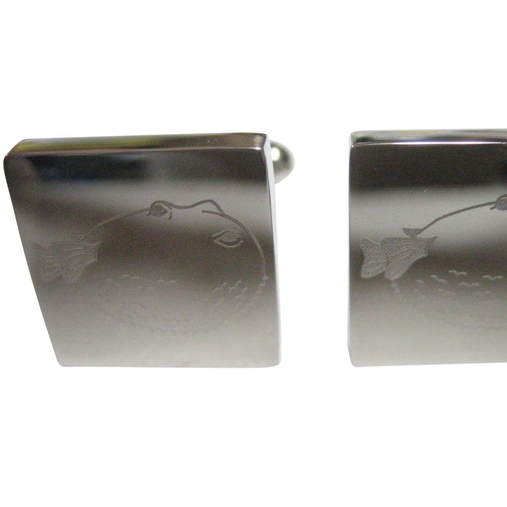 Silver Toned Square Etched Blowfish Fugu Puffer Fish Cufflinks